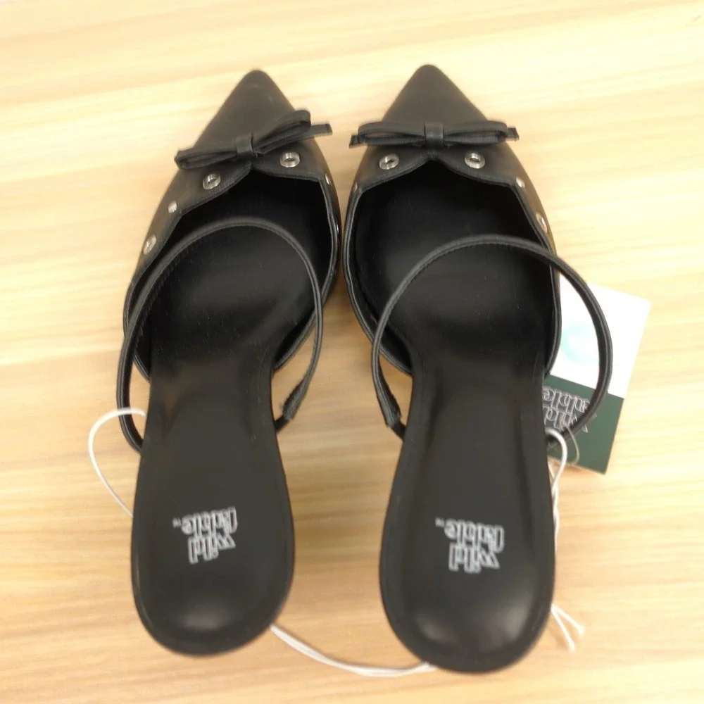 Y2K Coquette Mule Pumps Womens 8.5 Black Eyelet Kitten Heel Pointed WILD FABLE